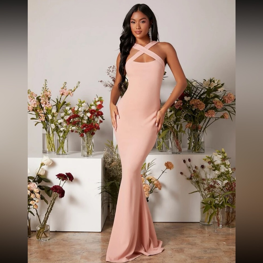 SHEIN Belle Criscross Front Mermaid Hem Pink Bridesmaid Dress Small New